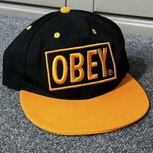 Vintage Obey Skateboarding Snapback Hat Black Yellow Orange One Size
